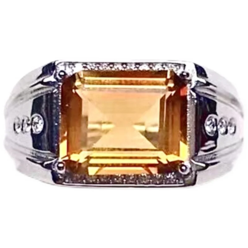 Fashion Crystal Ring for Man 8mm*10mm VVS Grade Natural Citrine Ring Solid 925 Silver Man Citrine Jewelry