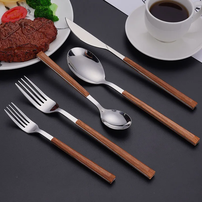 304 Stainless Steel Tableware with Wooden Handle Spoon Steak Knife Fork Teaspoons for Home Kitchen Dinnerware Cutlery Utensils