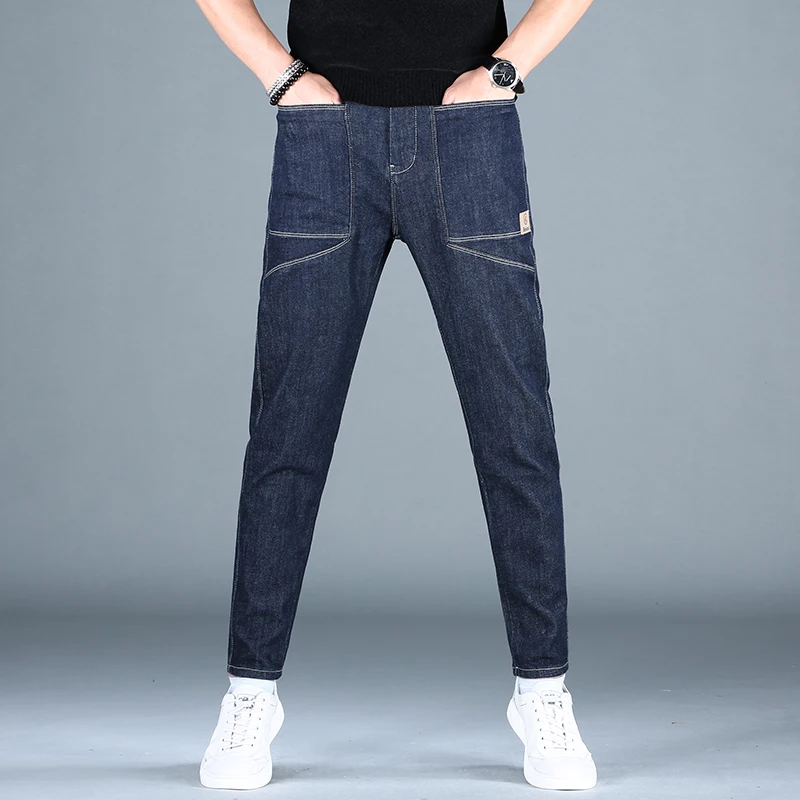 Fashion Summer Blue Jeans Men Korean Style Slim Fit Pencil Pants Patchwork Stretch Denim Trousers