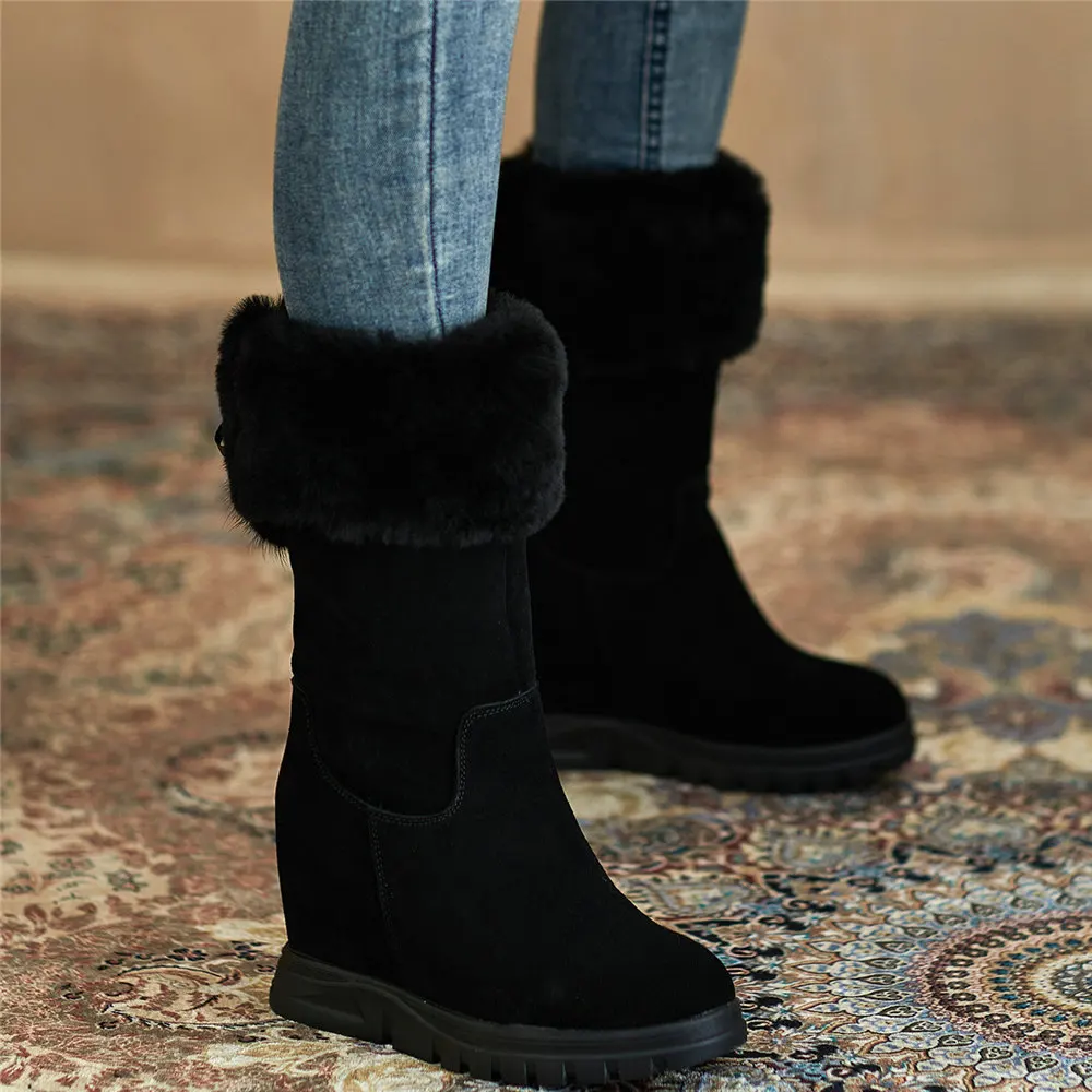 High Top Winter Warm Ankle Boots Women Genuine Leather Wedges High Heel Snow Boots Female Round Toe Platform Pumps Casual Shoes