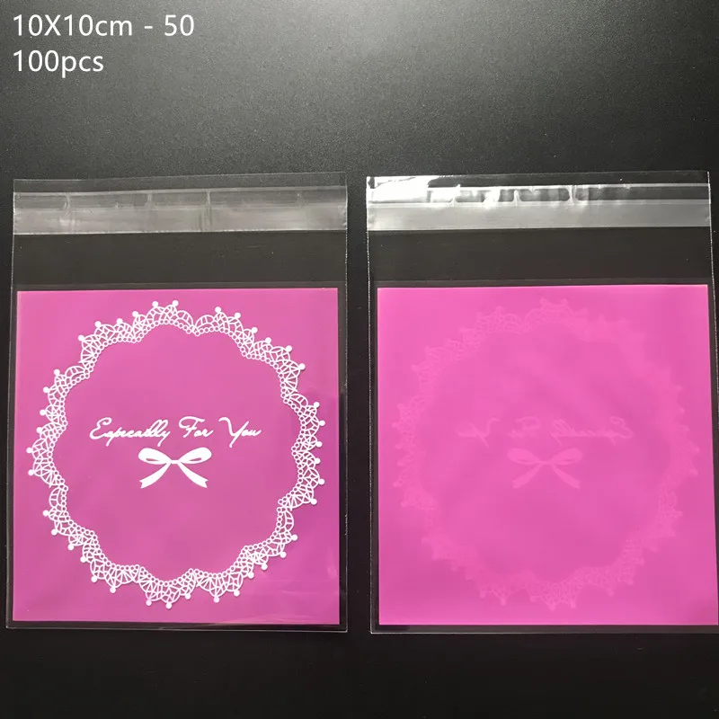 100pcs/lot 10*10cm Bow lace Candy Cookie Biscuits Packaging Bags Self Adhesive Plastic Bags Wedding Birthday Gift Bag