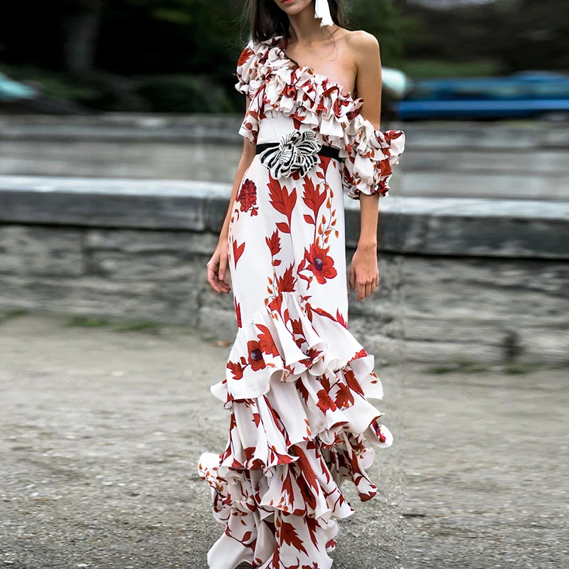 

HIGH STREET New Summer 2024 Fashion Women's Elegant Cascading Ruffles Floral Print Slash Neck Beach Holiday Maxi Long Dress