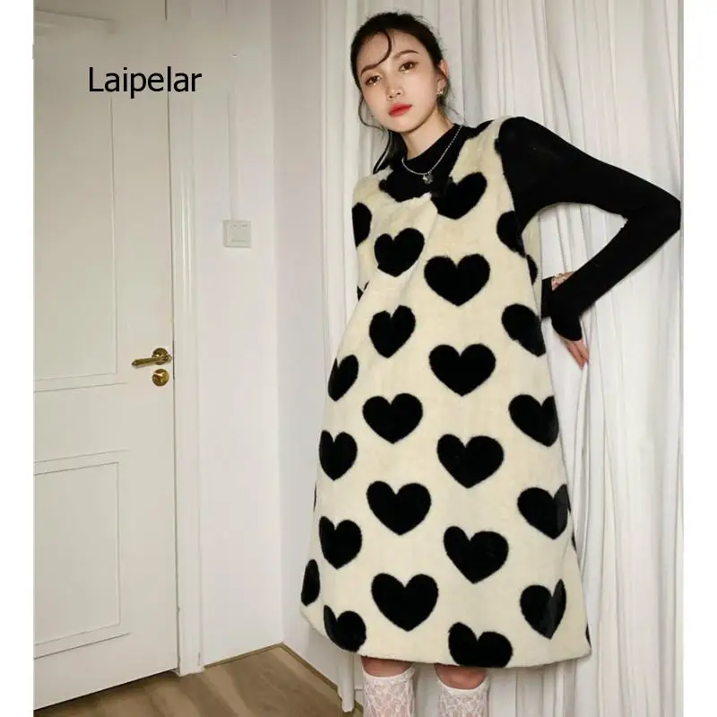 Furry Kawaii Winter Dresses for Women 2021 Heart Print Sleeveless Cute Tank Dress Korean Fashion Clothing