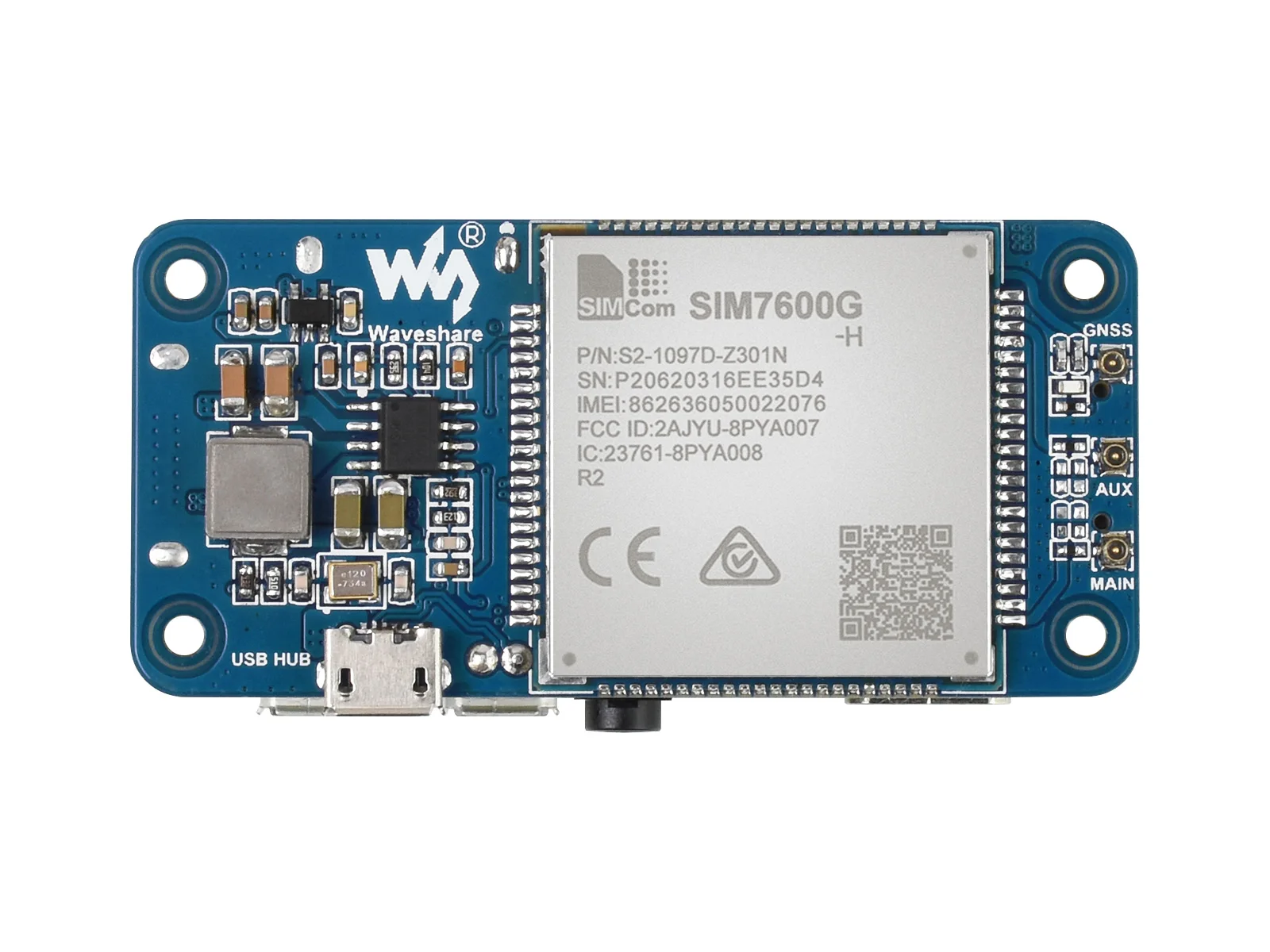 Waveshare SIM7600G-H 4G HAT (B) For Raspberry Pi, LTE Cat-4 4G / 3G / 2G Support, GNSS Positioning, Global Band