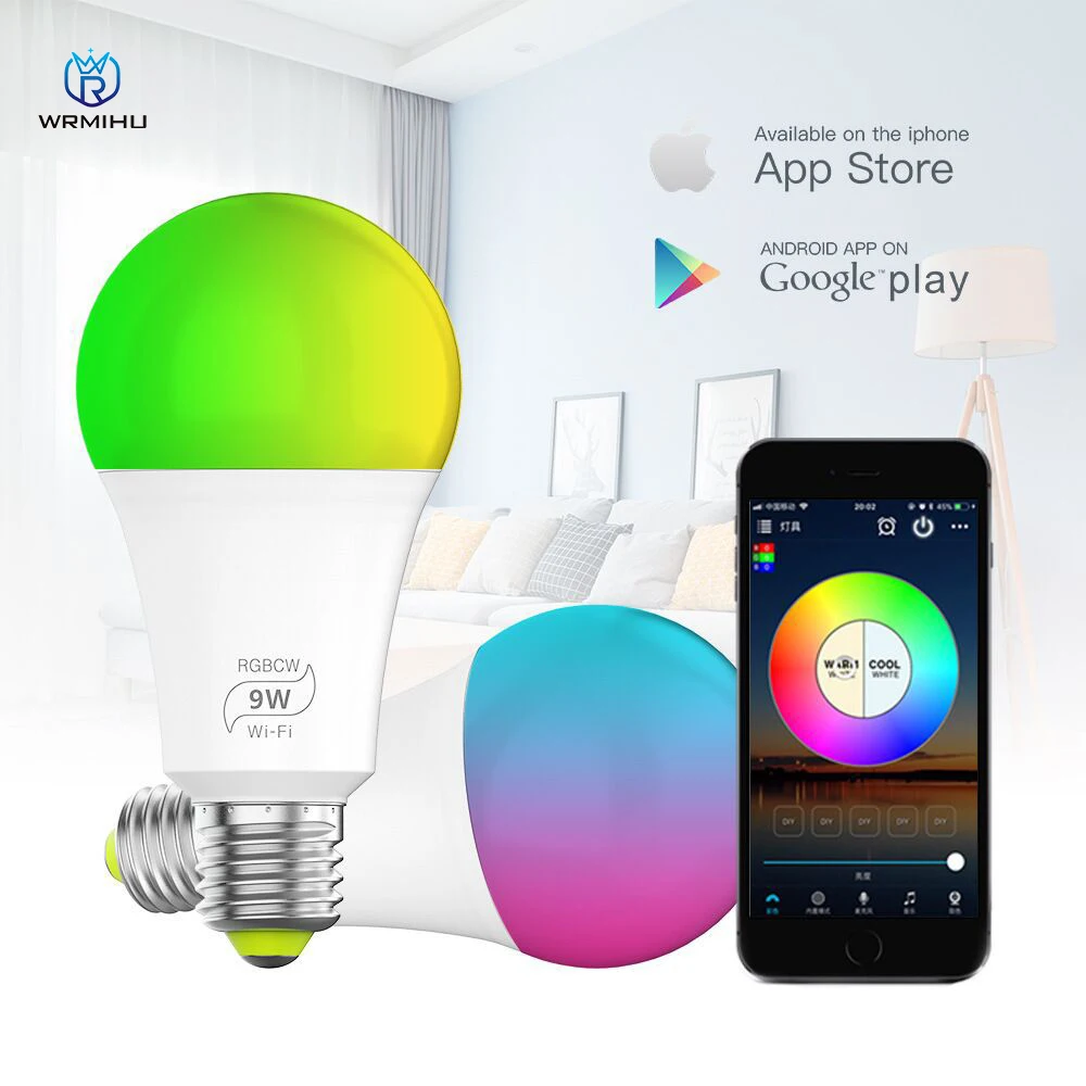 9W 100-264V WiFi Full-Color 5-way Bulb E27 Control the light Bulb Switch by VoiceAnd Also Toning Function