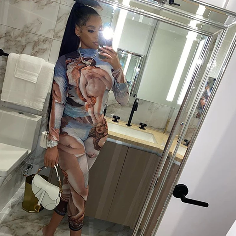 Aesthetic Printed Fitness Women Long Jumpsuits Autumn Fashion Long Sleeve Vintage One Piece Bodycon Overalls Sporty Hot