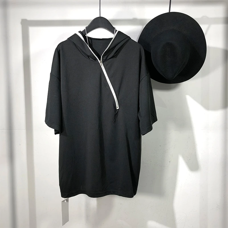 Men's Hooded Short Sleeve T-Shirt Summer New Dark Hat Collar Fashion Diagonal Zipper Design Fashion Versatile Loose T-Shirt