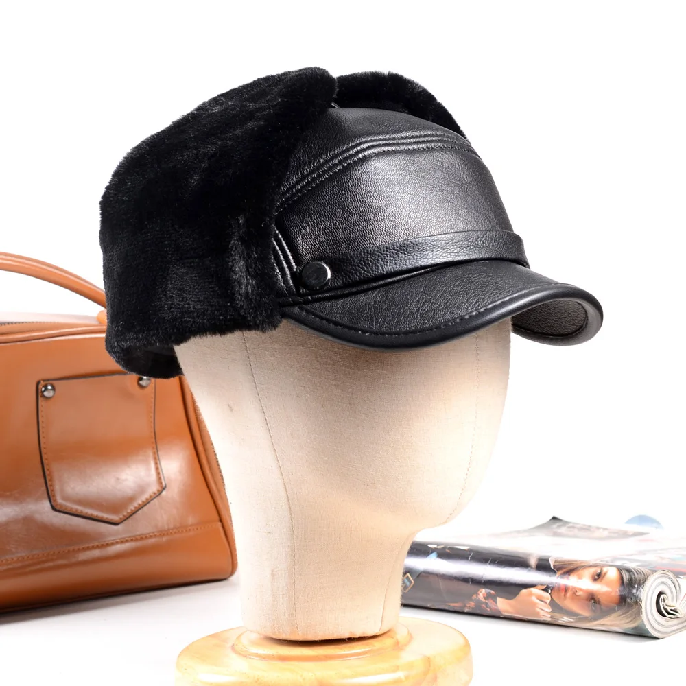 Men's Real Leather Winter Warm Earmuff Ear Flap Bomber Trapper Russia  Hunting Trucker Hats/Caps