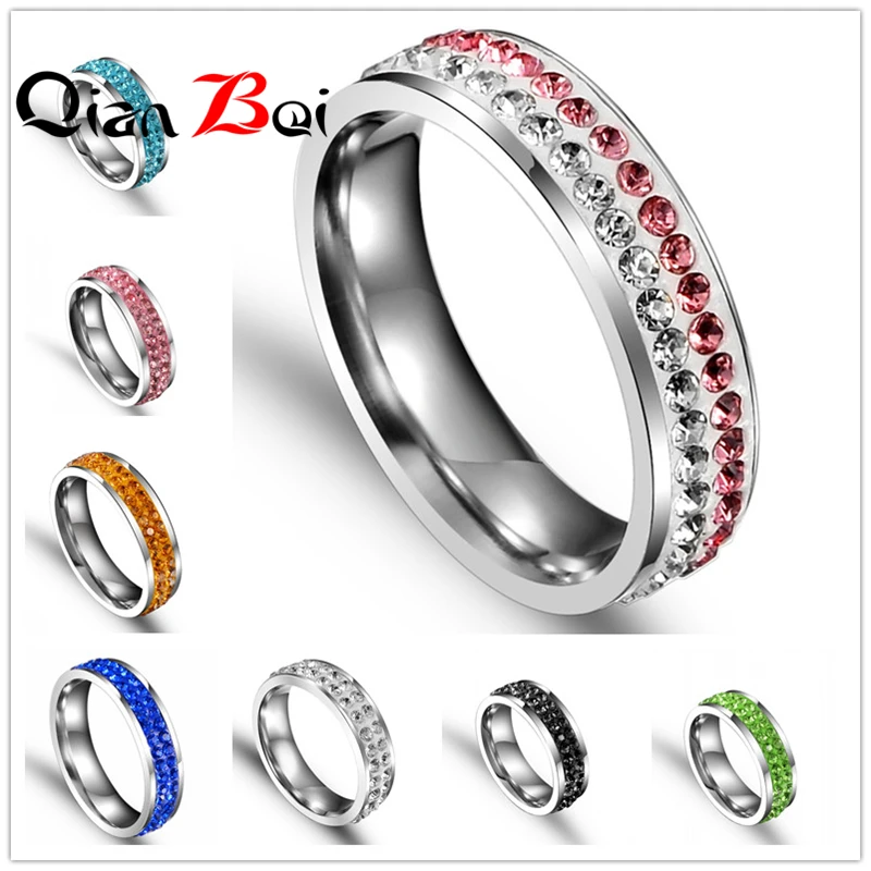 QianBei Wholesale 20pcs Full Size Two row Clear Crystal Stainless steel Wedding Rings Fashion Jewelry Made with Genuine Crystal