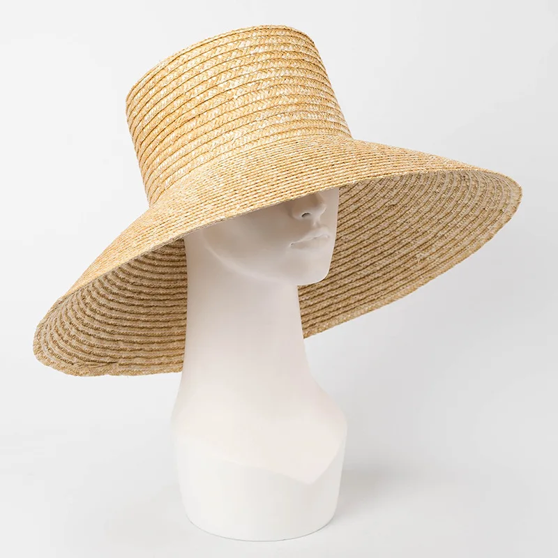 New Spring Summer Flat Top Wide Eaves Fine Natural Straw Outdoor Travel Sunscreen Sunshade Beach Catwalk Custom Sun Hat Strohhut