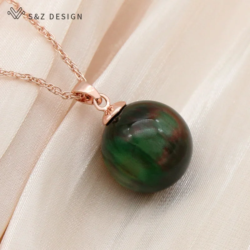 S&Z DESIGN New 585 Rose Gold Color Round Acrylic Beads Pendant Necklace For Women Wedding Party Elegant Fashion Jewelry