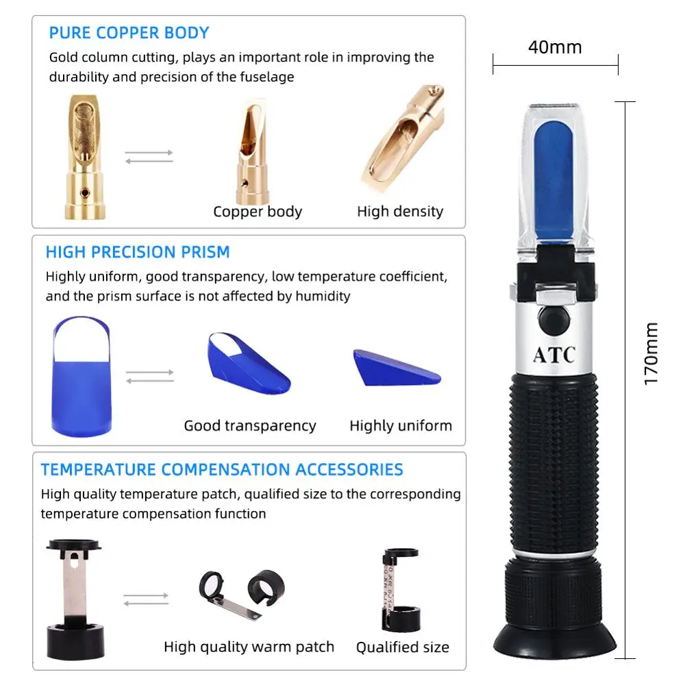 Handheld Brix Refractometer 0-20% Sugar Meter Refractometer Digital Sugar Testing Tool for Honey,Food,Fruit Juice With PU Bag