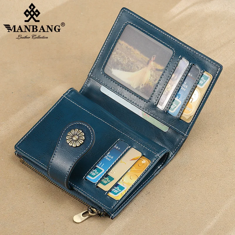 ManBang 2022 New Small Women Wallet Genuine Leather Bifold Purse with ID Window Women Leather Wallet Coin Purse high quality