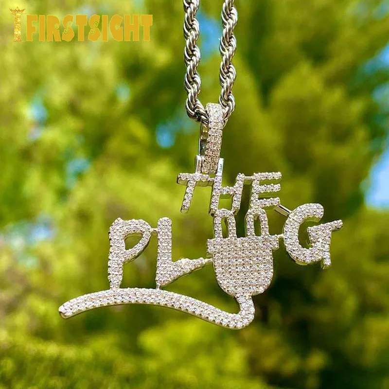 Collar con colgante de letra de enchufe para hombre, joyería de circonia cúbica, zirconia, zirconia, circonita, circonita, zirconita, zirconita, estilo Hip Hop, Color plateado, venta al por mayor