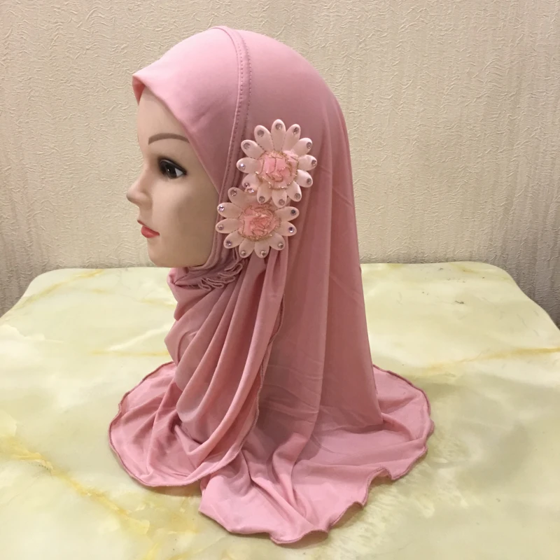 H081 beautiful small girl hijab with flowers cute hijab hats women\'s caps can fit 2-6 years old girls