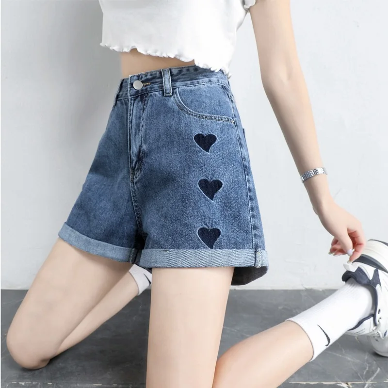 

Summer Denim Shorts Women Love Heart Embroidery High Waist Hot Pants Casual Streetwear Cowboy Trousers Pantalones Cortos