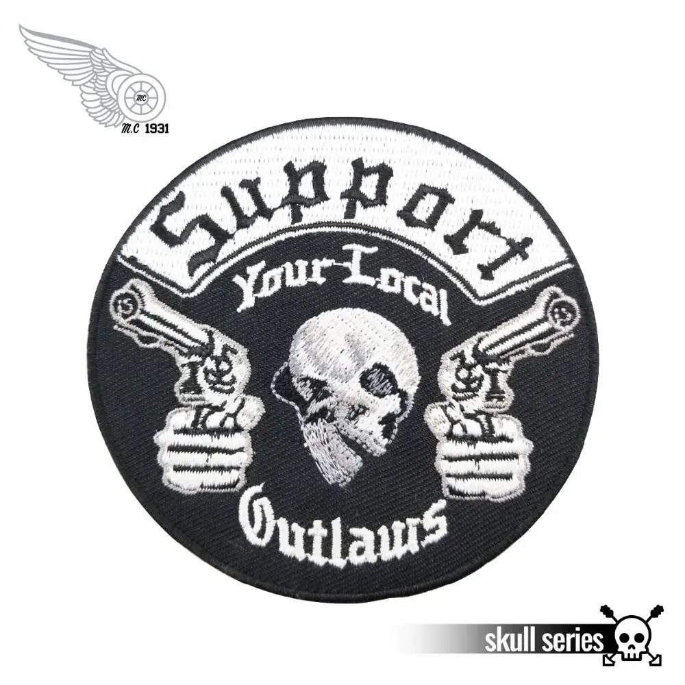 Support your local outlaws motorcycle patch embroidery iron on skull bones biker custom for jacket free shipping