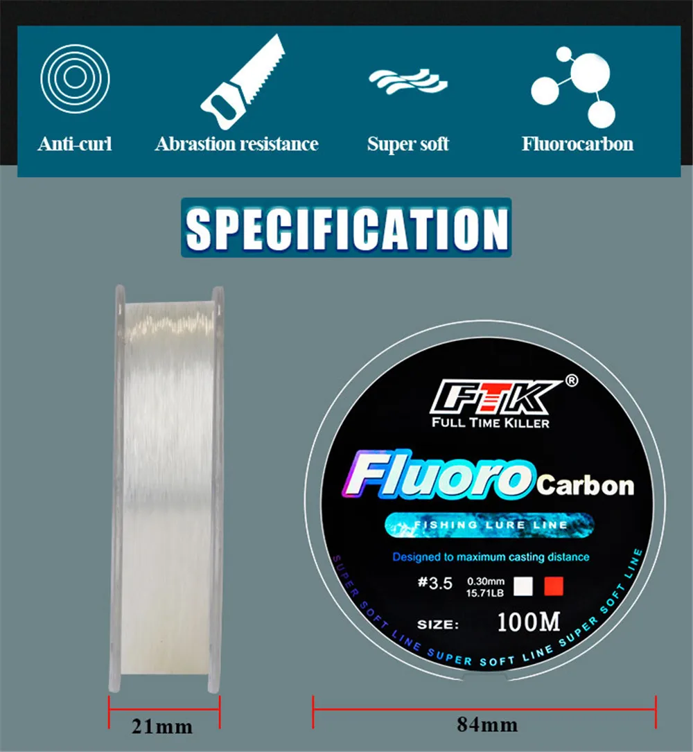 FTK 100m Fluorocarbon Angelschnur 4.13-34.32LB Fluorocarbon-Beschichtung Japan Carbonfaser-Vorfach Karpfen Angelschnur Superweiche Schnur – Detail 2