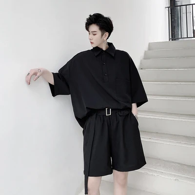 Summer oversize wide-sleeved short-sleeved pullover shirt suit hipster minimalist shirt shorts two-piece suit