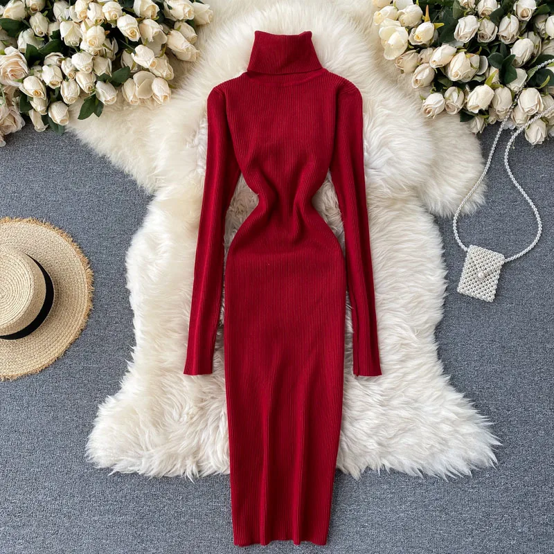 

Women's Sweater Dress Elegant Autumn Winter Sexy Slim Bodycon Dresses Turtleneck Solid Color Thick Warm Knit Pullover Vestido