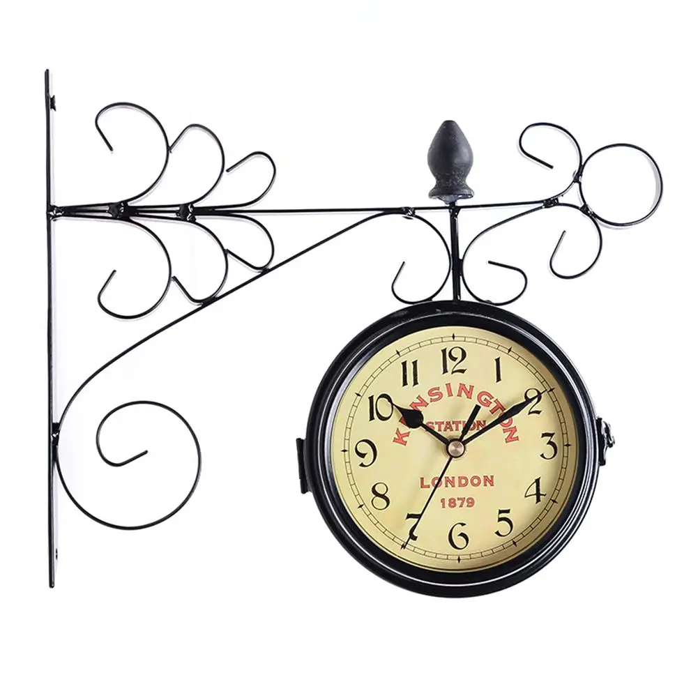 Outdoor Garden Wall Station Clock Double Sided Retro Quartz Watches Metal Iron Art Hanging Clocks for Garden Corridor Decoration