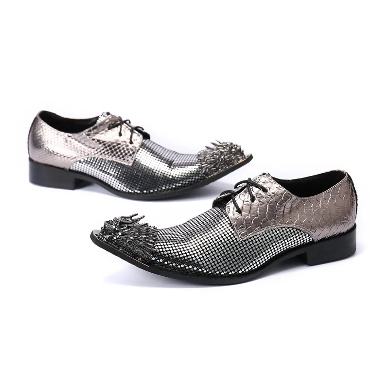 Silver Patchwork Wedding Party Men Brogue Shoes Pointed Toe Lace Up Plus Size Dress Shoes Male Business Office Oxford Shoes