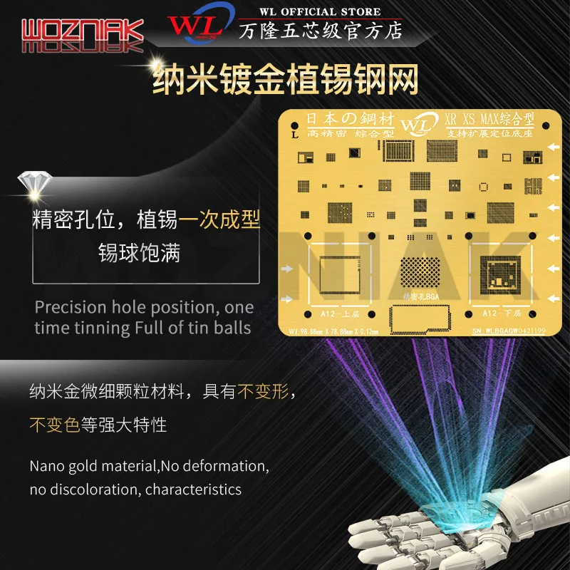 WL Nano Gold Plating BGA Reballing Stencil for IPHONE 5S 6G 6P 6S 6SP 7 7P 8 8P X XSMAX 11 12 13 Pro Max CPU IC Repair Template