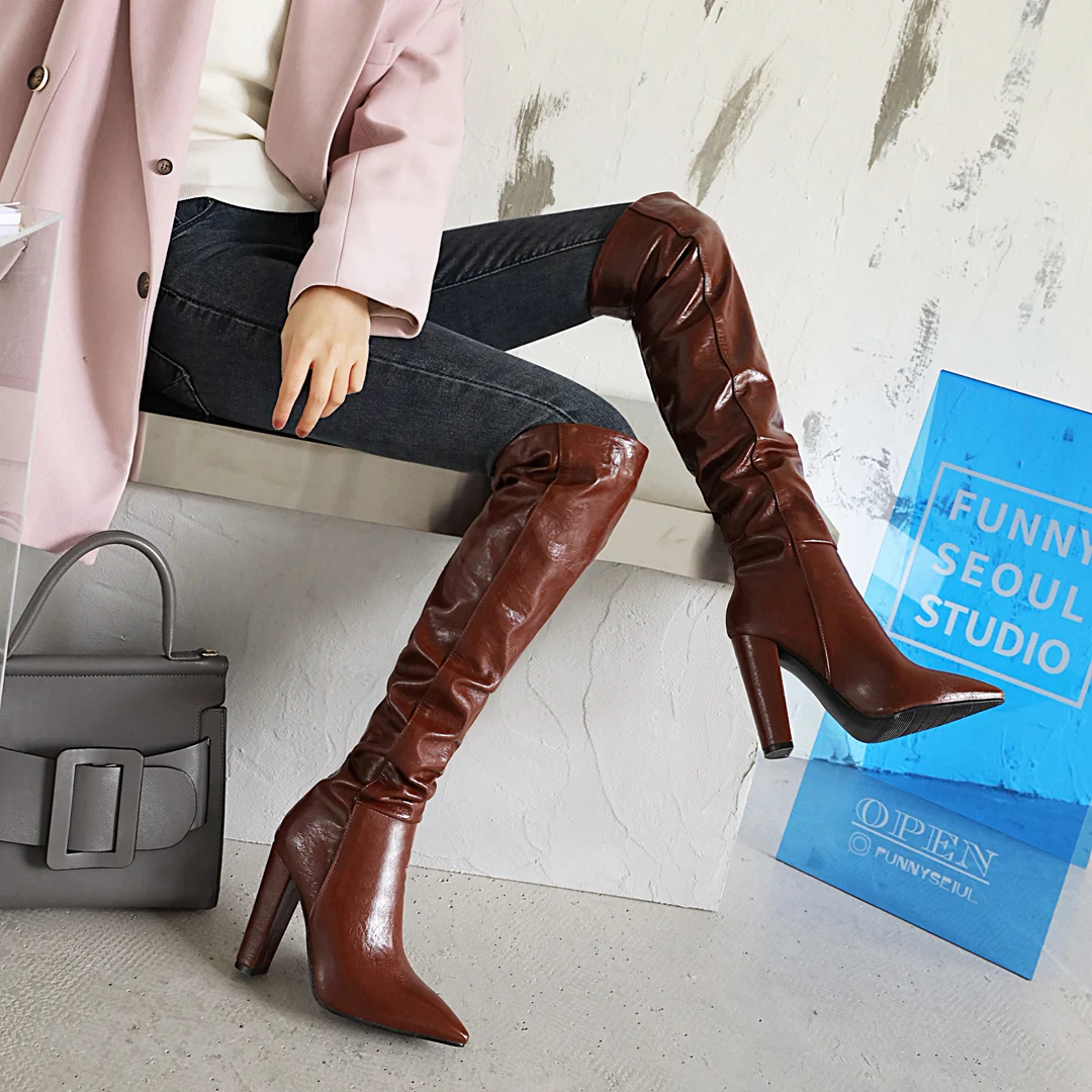 

Blue Pointed Thick Heel Over-The-Knee Women's Boots Super High Thick Heel Set Foot Fold Short Plush Long Tube Warm Boots