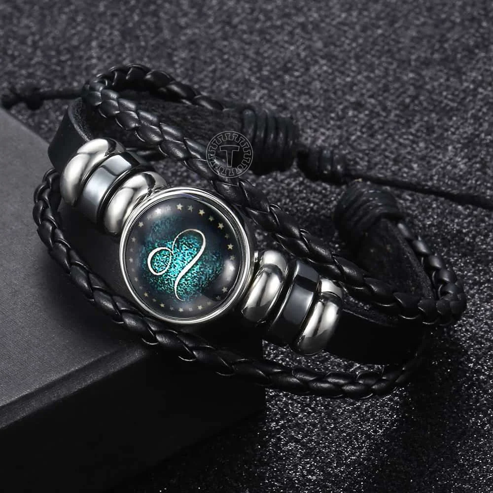 Davieslee 12 Horoscope Men's Leather Bracelet Stainless Steel Beaded Aries Libra Zodiac Charm Bracelet Men Jewelry Gifts DLBM137