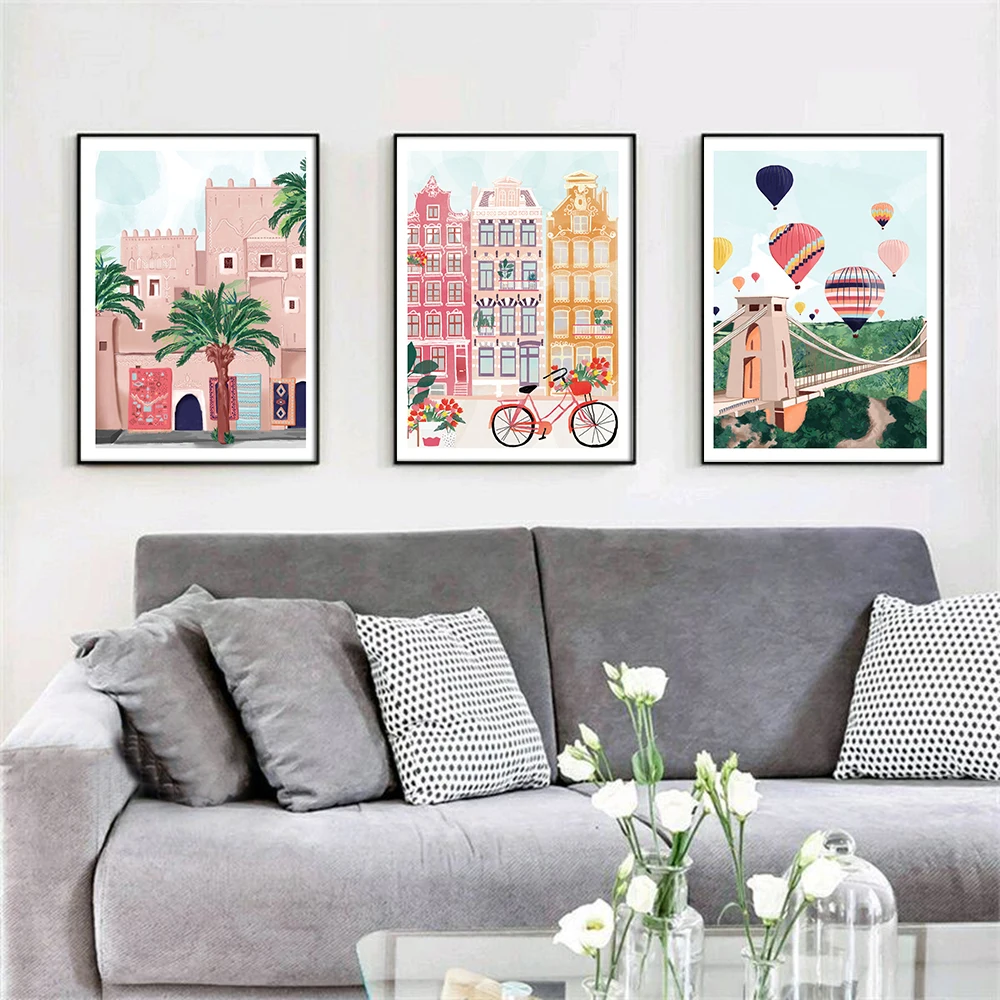 Poster Cartoon City Sea view And Nature Landscape Canvas Painting Travel Print Picture Home Decoration Color Wall Art