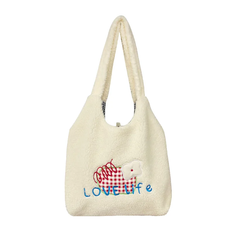 المرأة أفخم حقيبة كتف التطريز الدافئة القماش حقيبة يد لينة قماش حمل حقائب تسوق كبيرة لطيف الكرتون الدب كتاب حقائب للفتيات #6