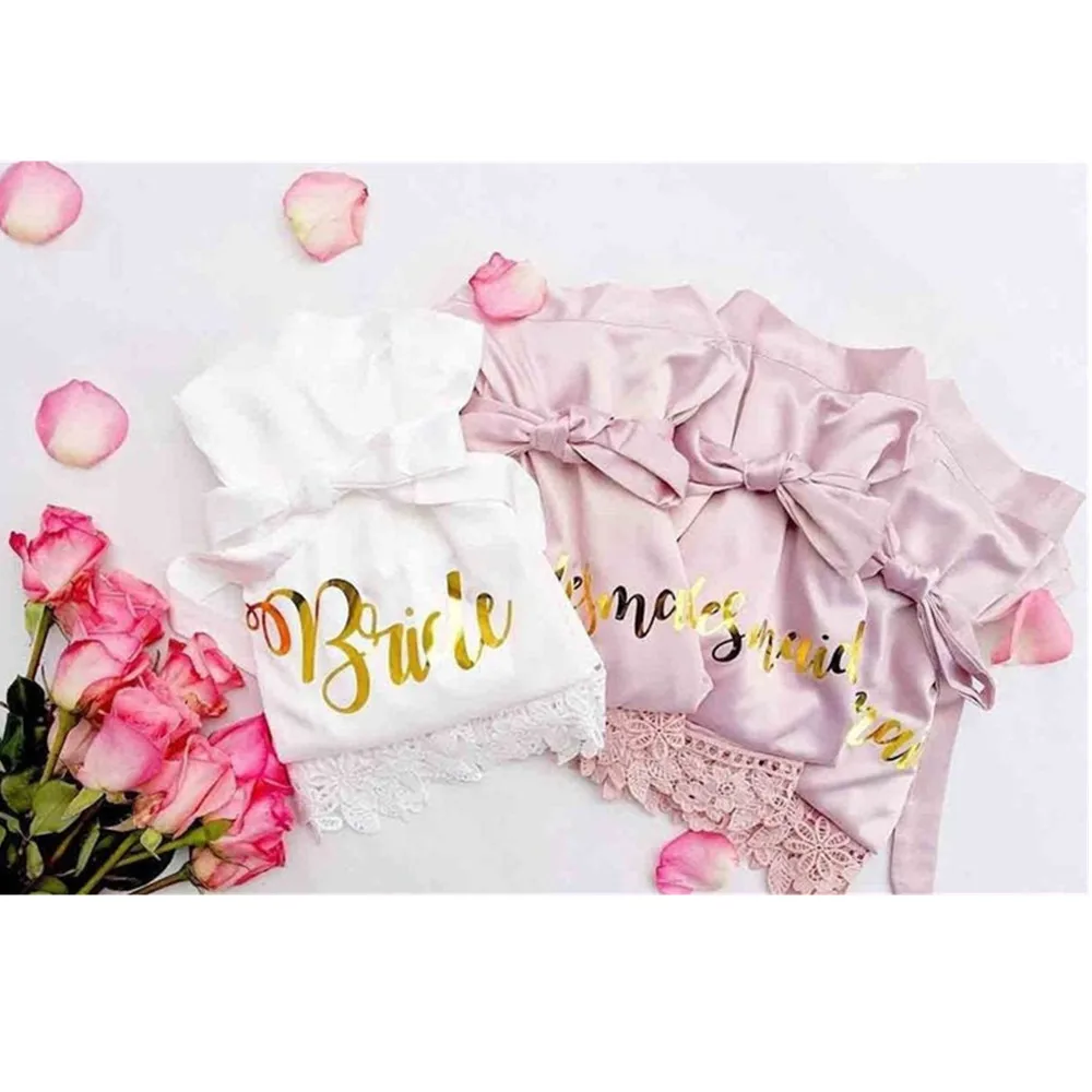 gold lace wedding Robe custom name bride to be nightgown women spa robes birthday Gift honeymoon nightwear Bridesmaid bathrobe