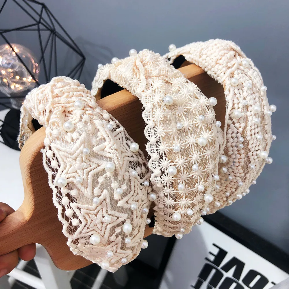 2023 Women Full Pearl Chain Embroidered Headbands Girls Knitted Flower Scrunchies Wide Headwrap For Women Hairbands Wholesale