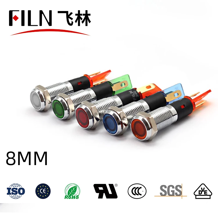 FILN YUEQING 8mm 12v 24v 110v 220v metal flat head led indicator light kitchen equipment signal lamp with soldering pin