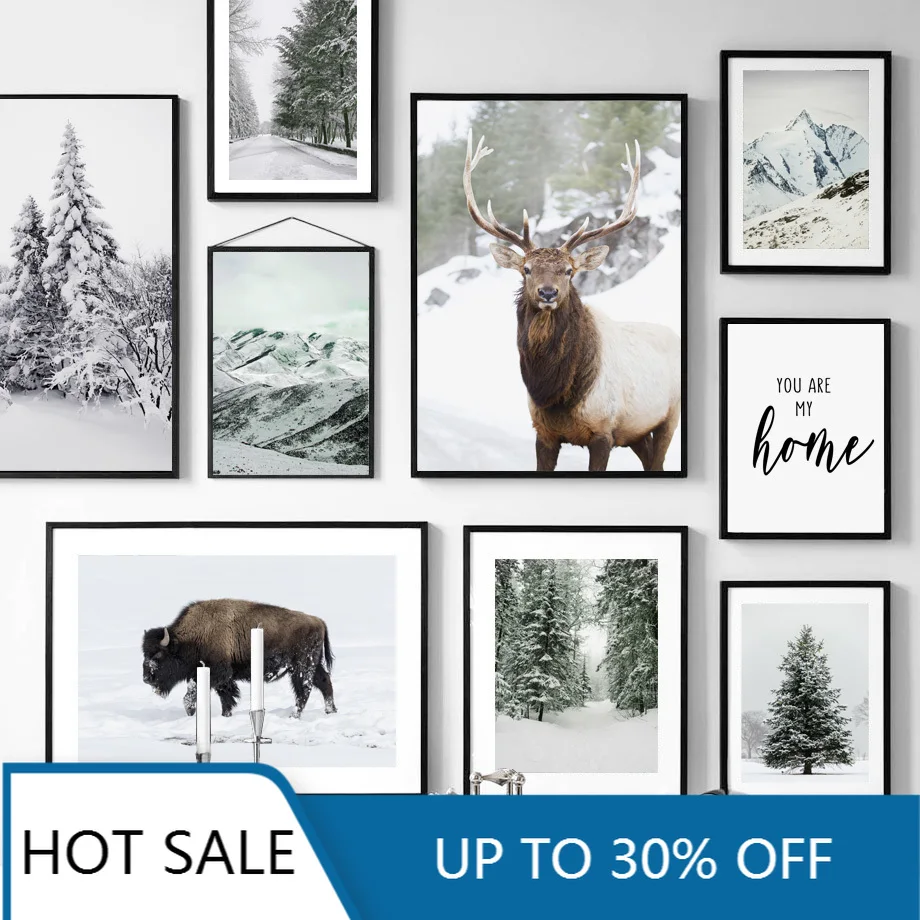 Wall Art Canvas Painting Posters Winter Hill Snow Forest Pine Deer Bison Nordic Prints Wall Decor Pictures For Living Room Decor