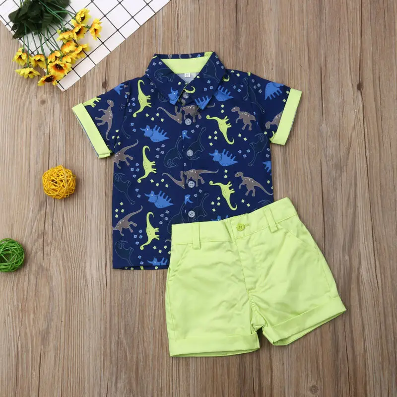 2PCS Children Sets Boys Turn-down Neck Dress Shirt and Denim Shorts Summer Casual Cartoon Dinosaur Cotton Kids Boy Clothes 1-5Y