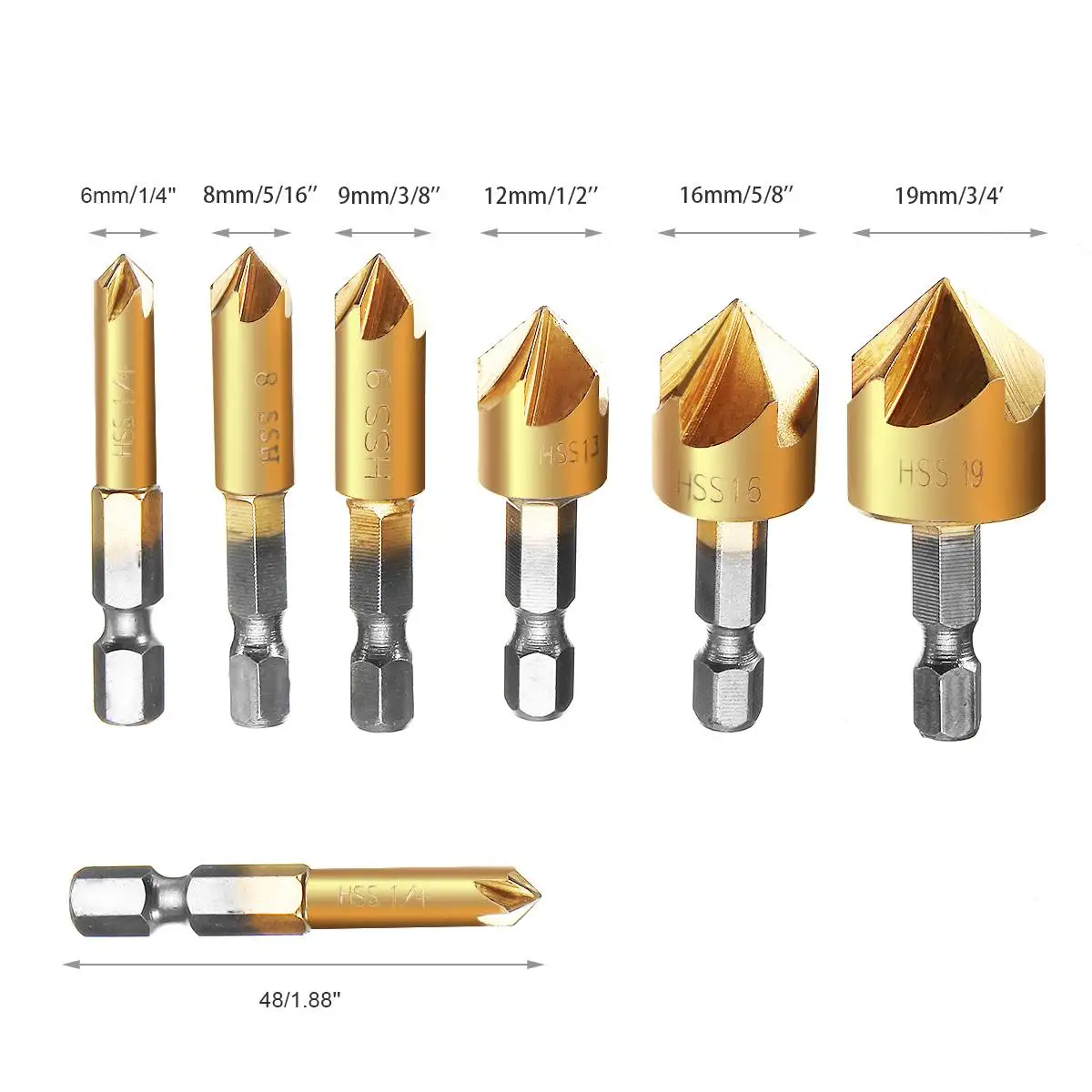 6 Pcs/lot 6mm-19mm 5 Flute HSS Countersink Chamfer Drill Bit 1/4" Shank Titanium Coated Woodworking Core Power Tool Accessories