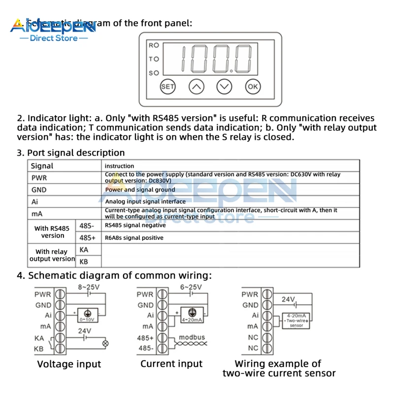 LED Digital Display Meter 0-10V 0-20mA 2-10V 4-20mA Analog Input Display Table Digital Display Head Relay Output/RS485 Output