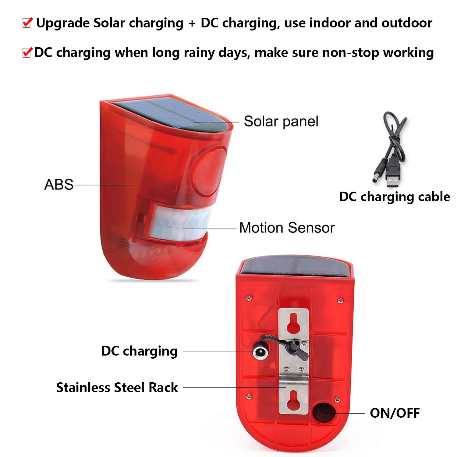 Alarma Solar de sonido y luz con Sensor de movimiento de 110 decibelios, sistema de alarma de seguridad estroboscópico con 6 luces Led parpadeantes
