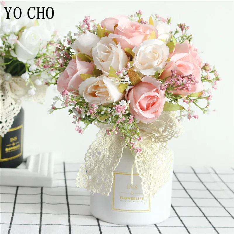 YO CHO Bouquet Bride Wedding Flower Bouquet Artificial Silk Rose Fake Babys Breath Pink Bridesmaid Hold Flower Wedding Supplies