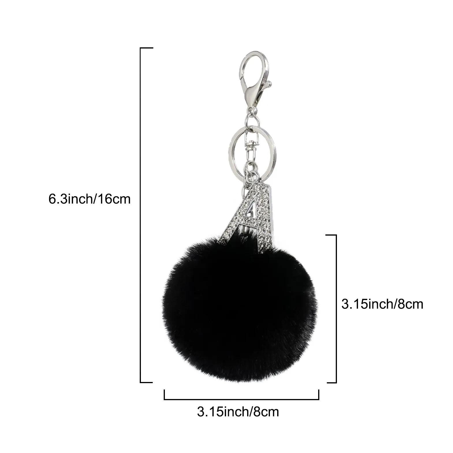 Letter A-Z Fluffy Black Pompom Faux Rabbit Fur Puff Ball Keychains Crystal Letters Rings Key Holder Hook Up Chain Accessories