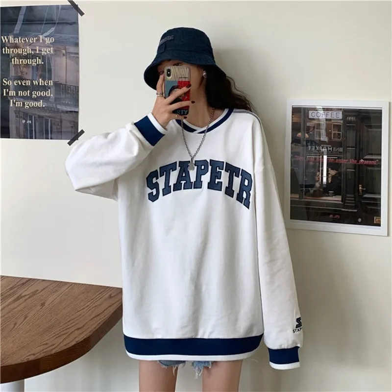 

Hoodies Women No Hat Sweatshirts Pullover Letters Printed Patchwork Loose Korean Style Fashion Trendy V-neck Thicken Puls Velvet