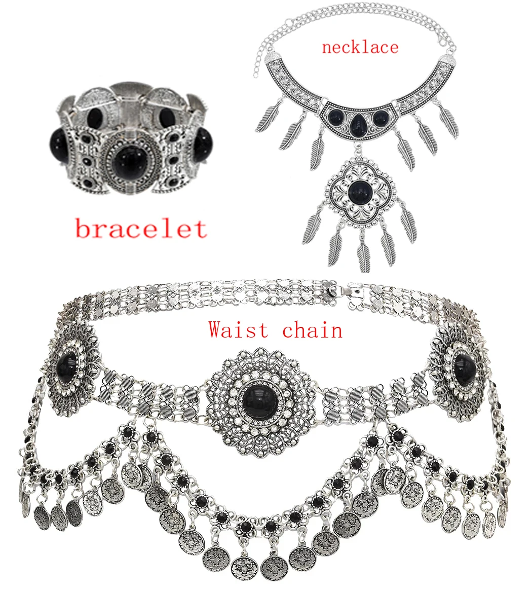 Vintage Afghan Gypsy Coins Necklace Earrings for Women Bohemian Ethnic Tribal Gemstone Bracelet Waist Belly Chains Jewelry Sets