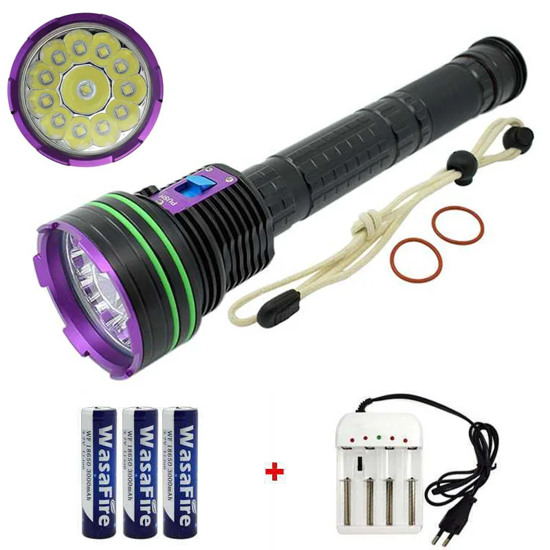 30000LM Underwater Diving Flashlight 12x XML L2 Led Dive Torch Waterproof Scuba Lantern Diver Lamp with 3*18650 Battery+Charger