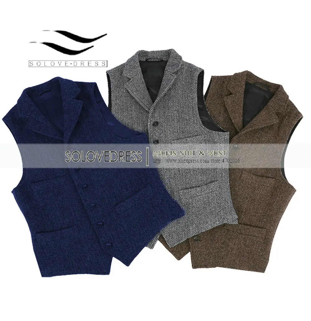 Mens Suit Vest Lapel V Neck Wool Casual Formal Business Herringbone Waistcoat Groomman For Wedding Army Green/Burgundy/Brown