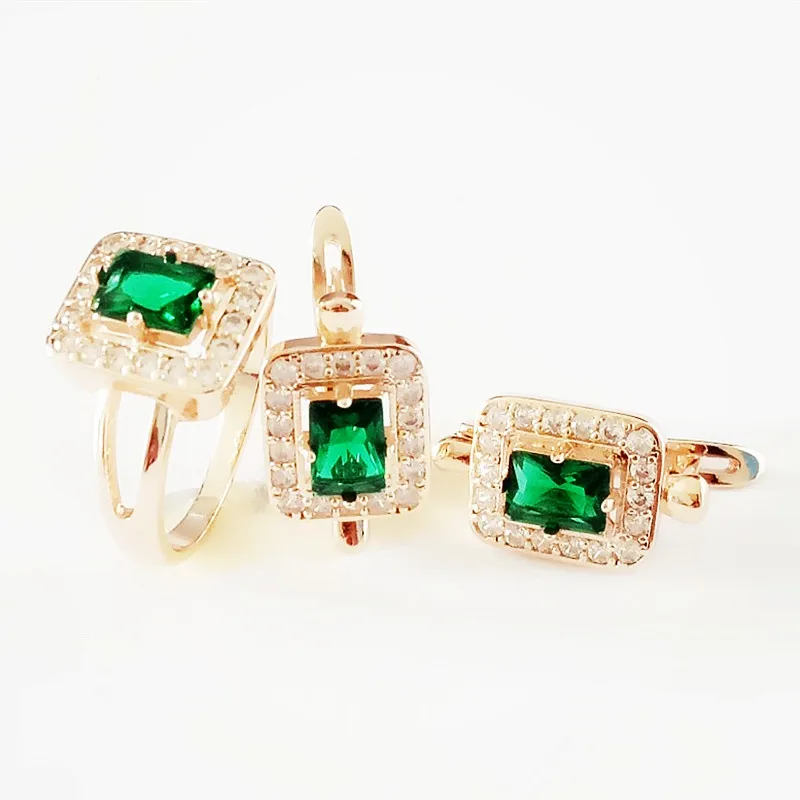 New Fashion Jewelry Set Rose Gold Color Women Jewelry Romantic Green Cubic Zircon  Jewelry Earring +Ring Wedding Jewelry Sets