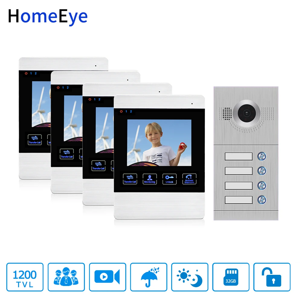 4'' Wired Video Door Phone Video Intercom 4-Apartments Door Access Control System 4 Separate Family Motion Detection OSD Menu