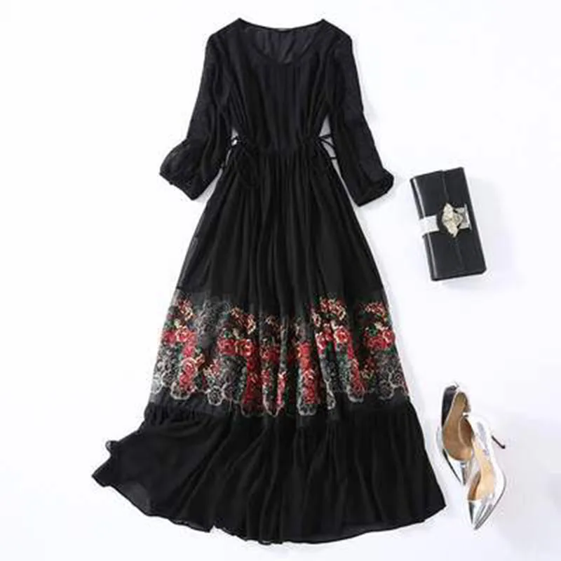 Women Black Mesh Floral Embroidery Elegant Maxi Dress 2021 Spring Vintage 3XL Plus Size Two Piece Dress Bodycon Party Vestidos