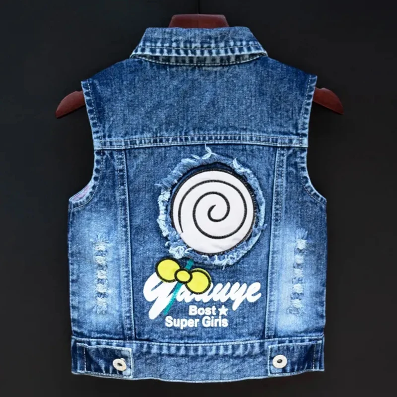 Baby Girl\'s Spring Autumn Cotton Denim Cartoon Vest Toddler Kids Sequins Embroidery Girls Waistcoat Children Jacket Clothing