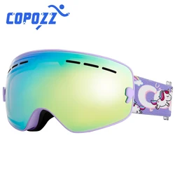 COPOZZ 4-15 years old Kids Ski Goggles Anti-fog Children Snowboard Goggles Double UV400 Skiing Mask Glasses with Cartoon Straps